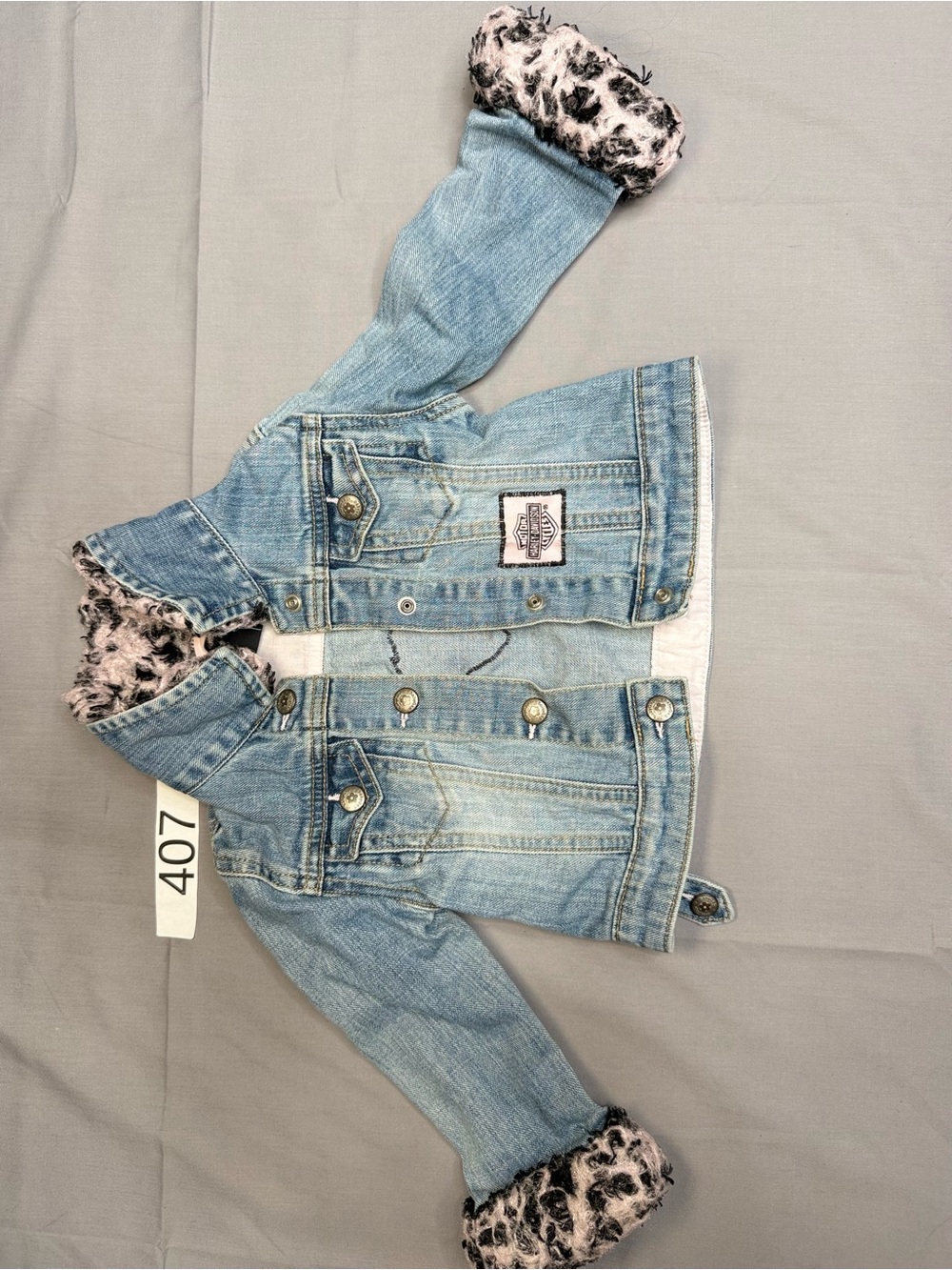 GAP Light Blue Denim Jacket with Pink Leopard Faux Fur Trim